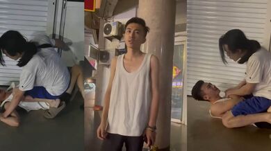 男同之间的爱情纠纷！原配gay怒斥小三不忠 为替老公出气暴揍小三 骑在身上挥拳猛击 场面混乱无比！